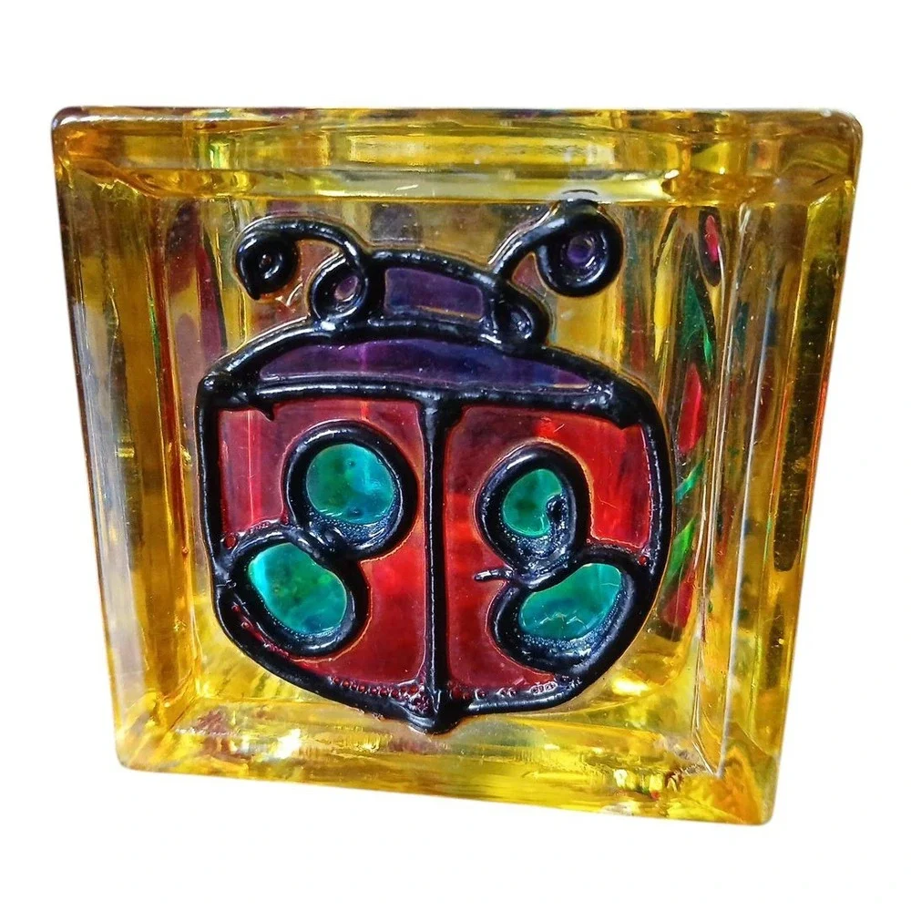 Vtg Stained Glass Handmade Studio Art Candle Holder Ladybug Butterfly 3